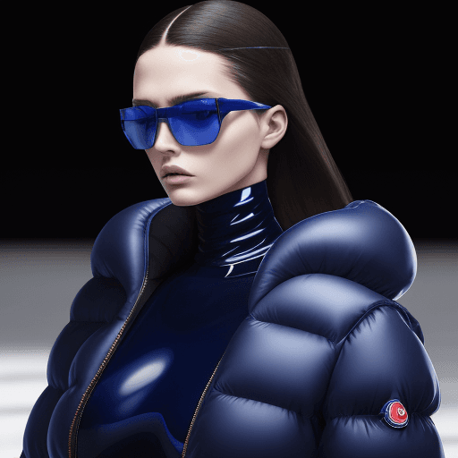 AI generated: Fashion shoot, Jacquemus and Moncler collaboration: dark blue translucent futuristic sunglasses, hyp...