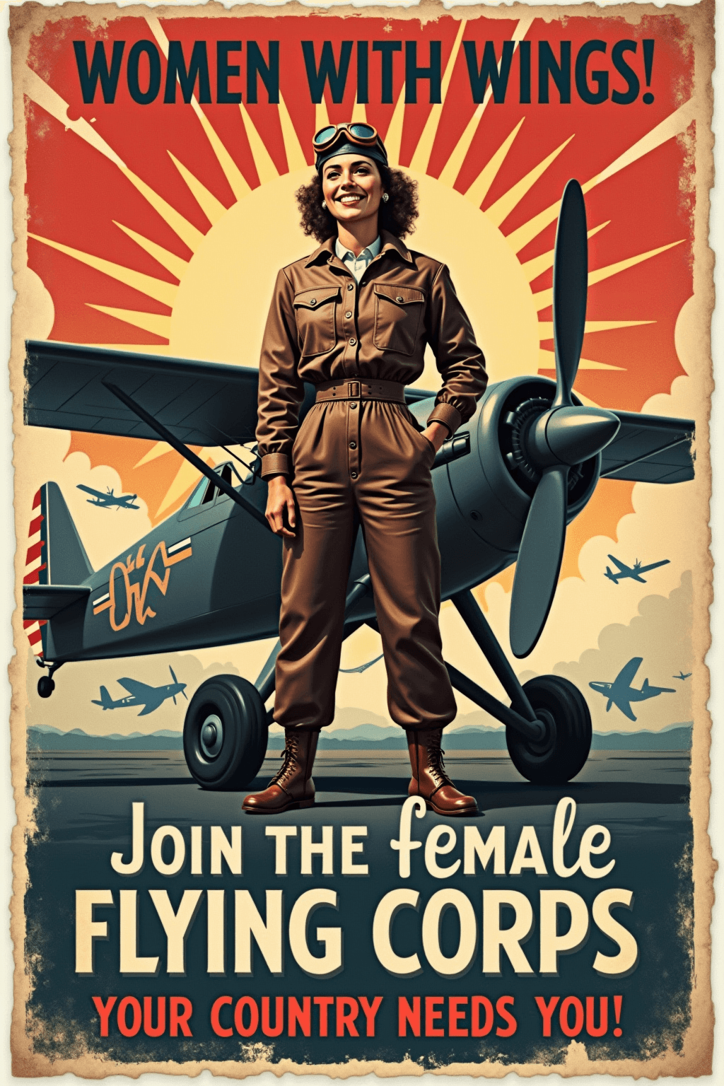 AI generated: A worn vintage 1930sâ1940s propaganda-style recruitment poster. Amelia Earhart stands confidently ...