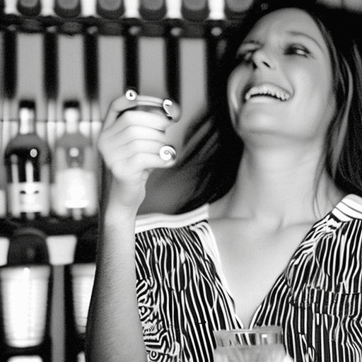 AI generated: drunken young woman in a bar,very drunken look ,beautiful boobs ,beautiful ,full body,laughting,part...
