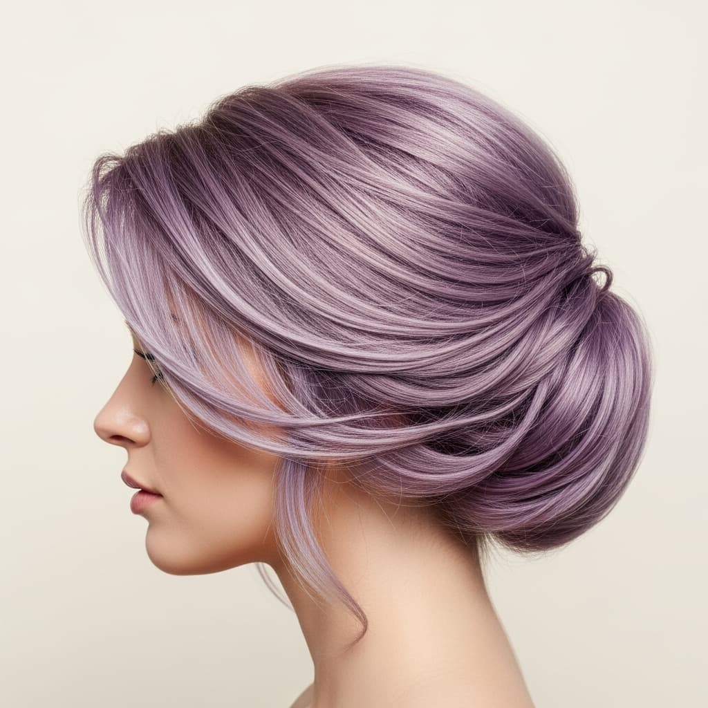 AI generated: Hair photography, woman, bob cut, soft purple color, ivory background, studio lighting, realistic de...