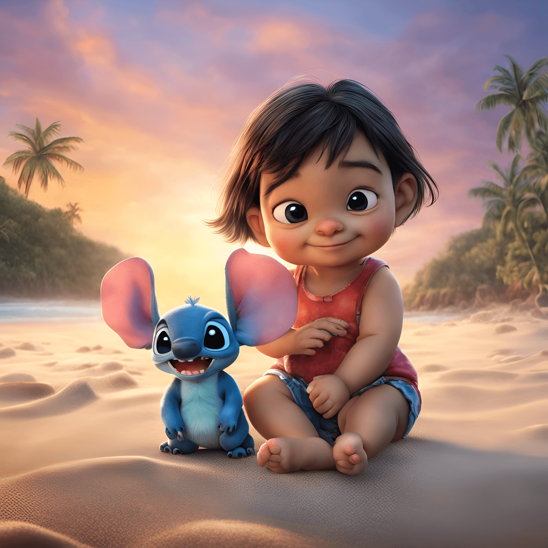 AI generated: Photorealistic image of lilo and stich, sharp images, ultra hd, best friends, tulum inspired, very c...