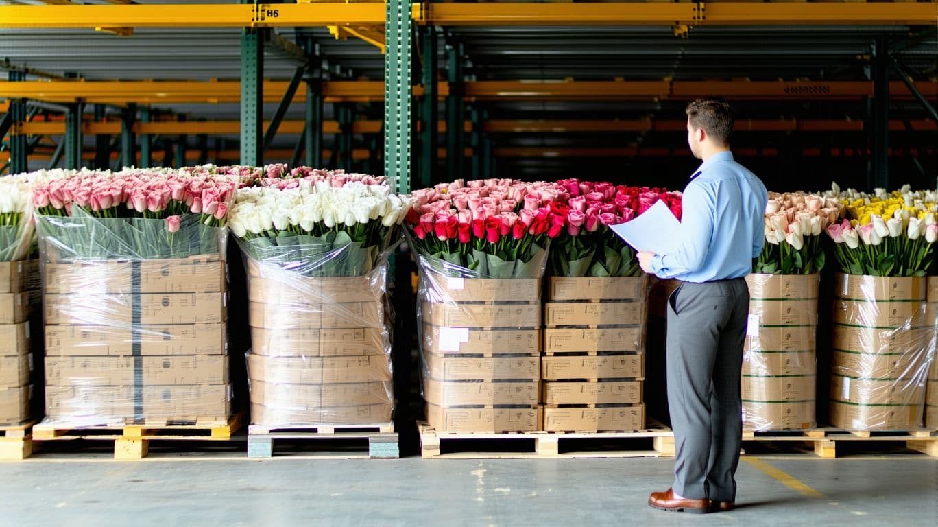 AI generated: high resolution photo of a man in a a warehouse inspect a pallet of flowers ready to be shipped. the...