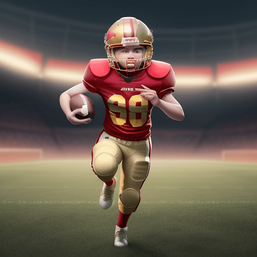 AI generated: In this fantastic scene a full body  Taylor swift American Footballer Toddler is wearing red and gol...