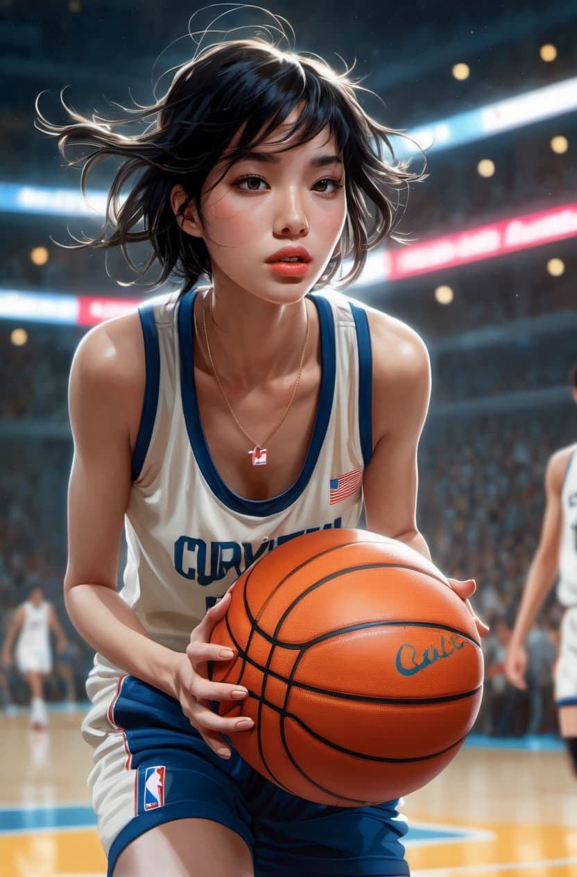 AI generated: a ultradetailed beautiful panting of a woman dribbling a basketball, by conrad roset, greg rutkowski...