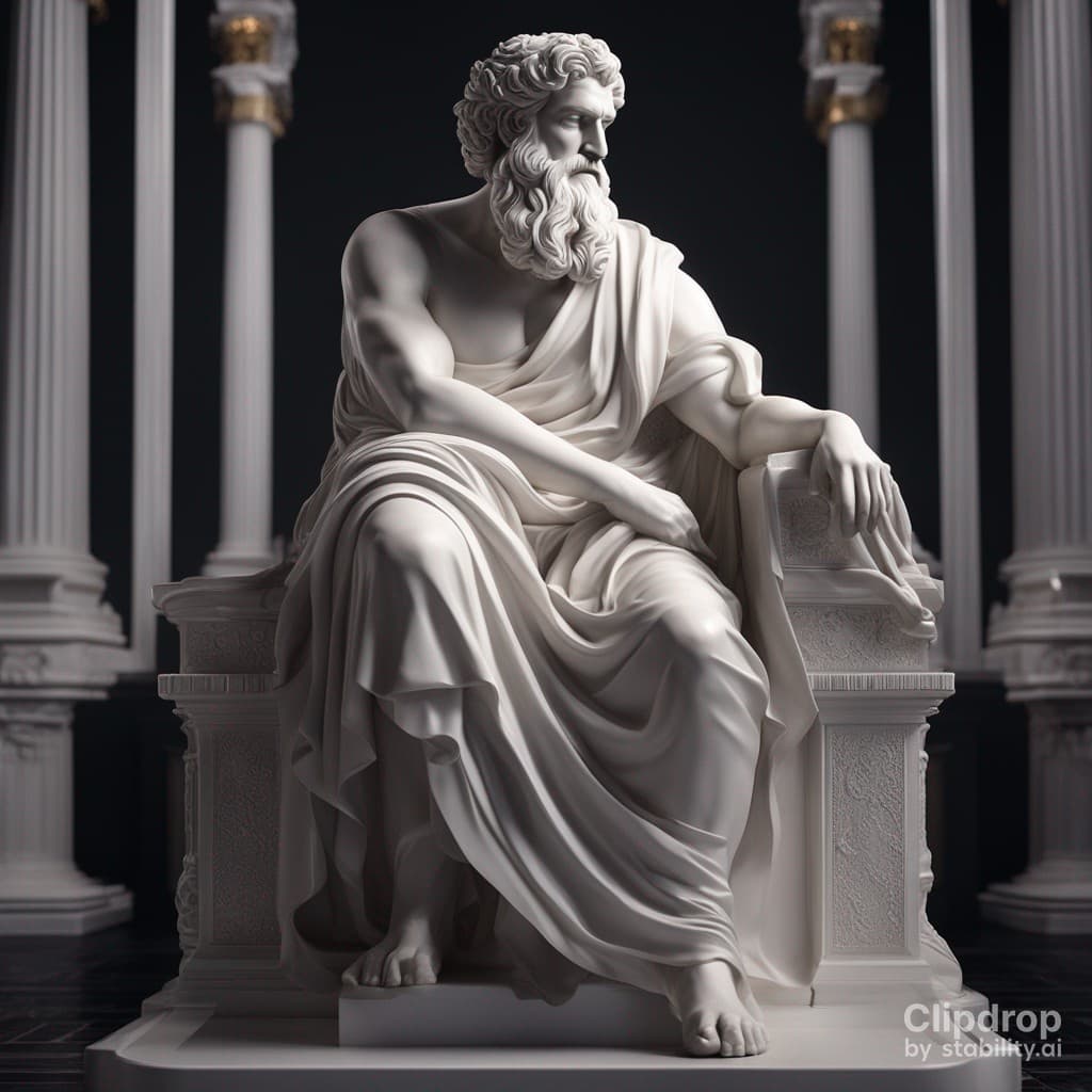 AI generated: a marble statue of a sad and pensive Greek philosopher, black background, statue in a classical styl...