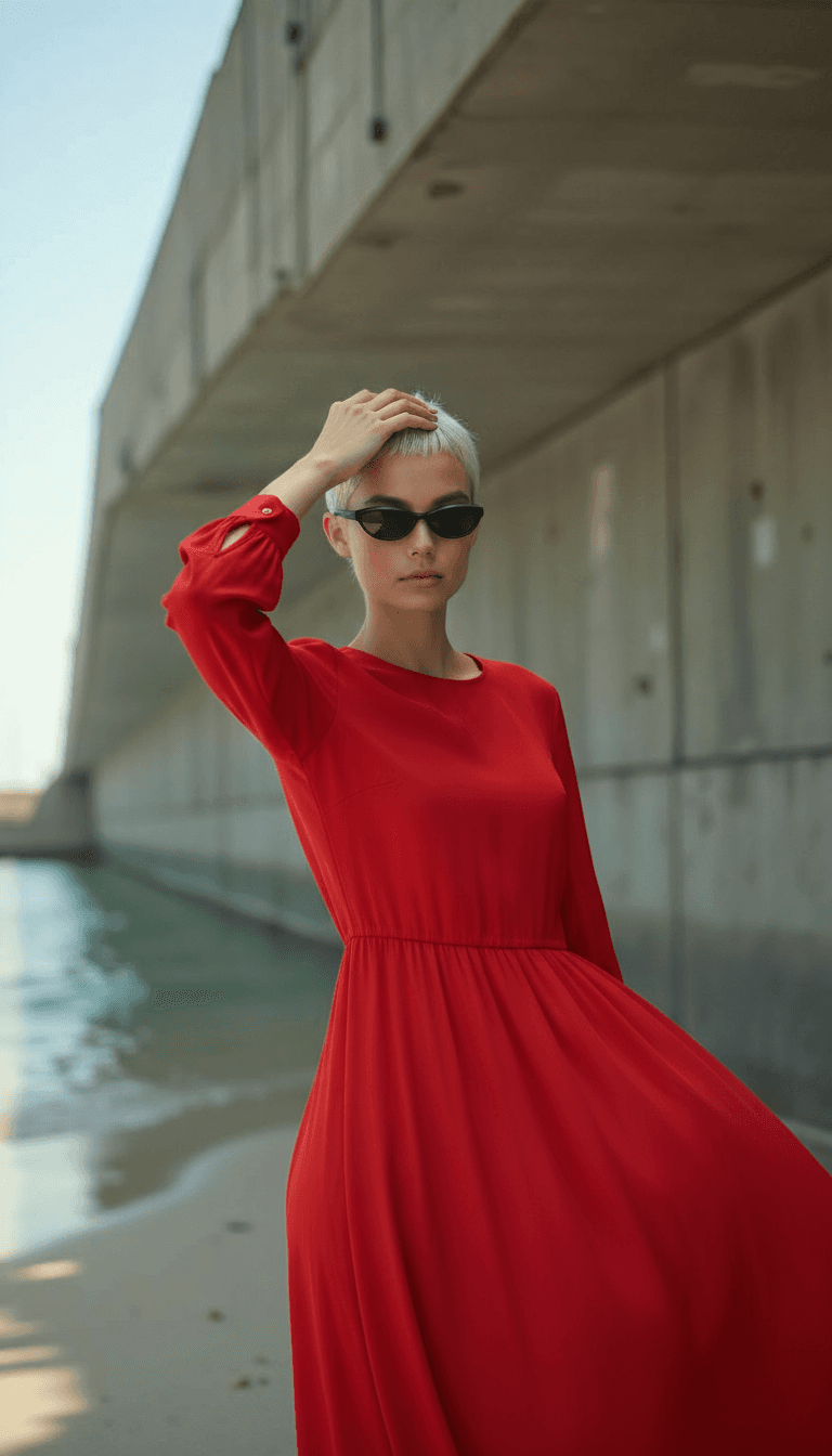 AI generated: make the model in black wear the red dress and glasses