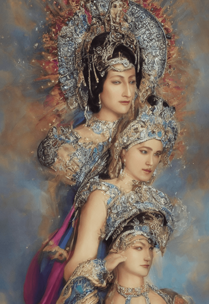 AI generated: full shot, Create a captivating tensor art representation of the Queen Helen of Sparta figure, dress...
