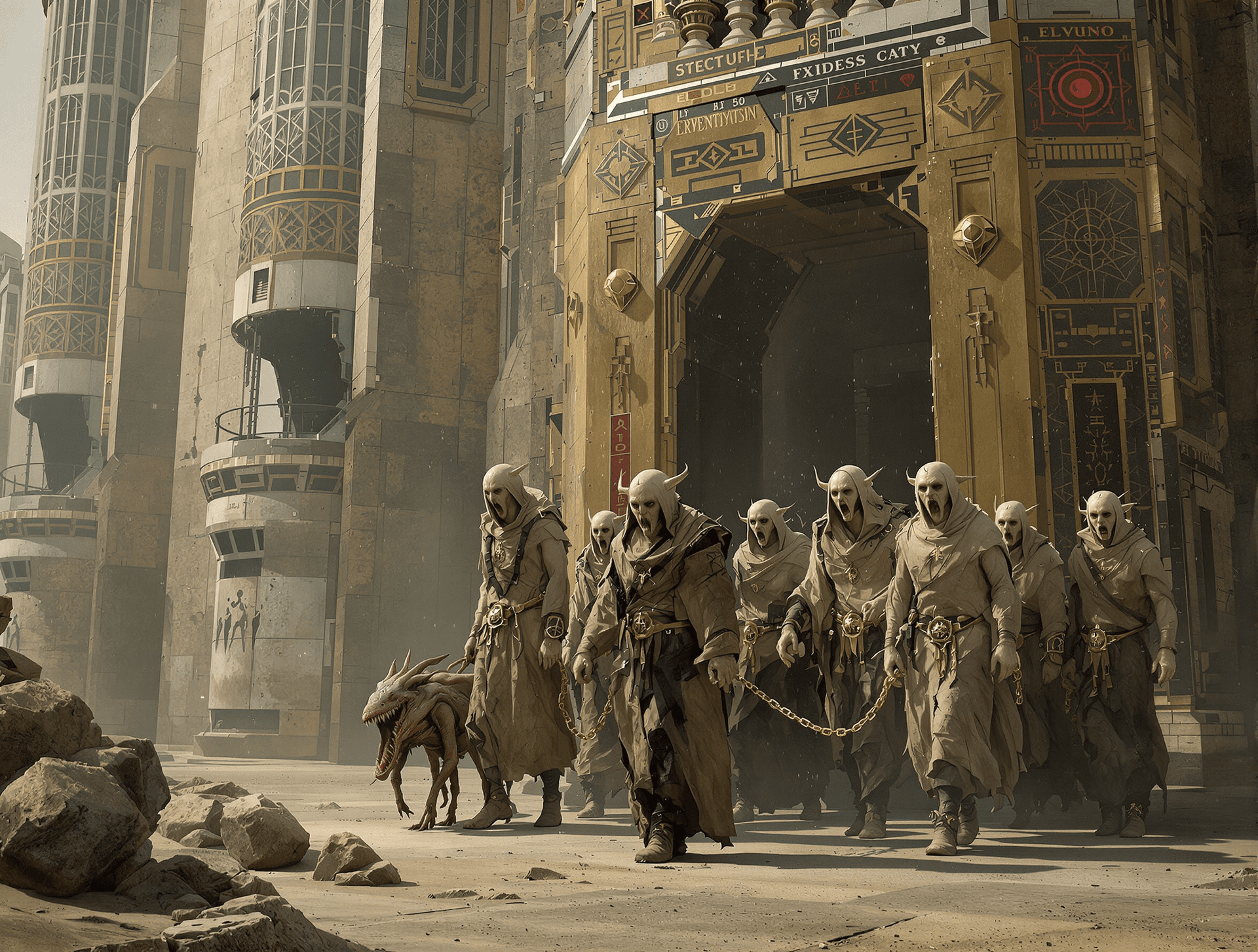 AI generated: /Artprompt Sci-fi, create a dystopian futuristic scene depicting (a group of strange mystical beings...