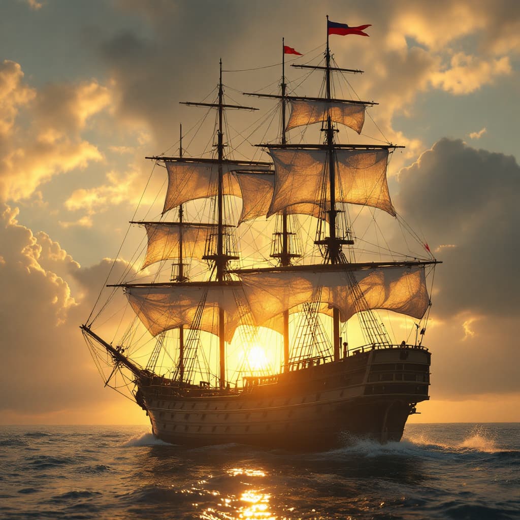 AI generated: Photo of a ultra realistic sailing ship, dramatic light, pale sunrise, cinematic lighting, battered,...