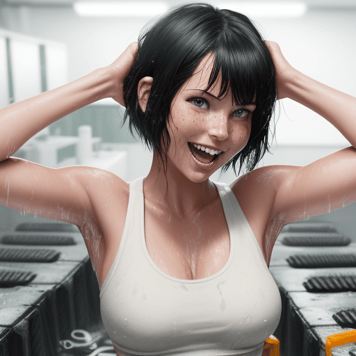 AI generated: ((Olivia Munn)) in a bitcoin mining lab, short hair with bangs, she is laughing, its hot and she is ...
