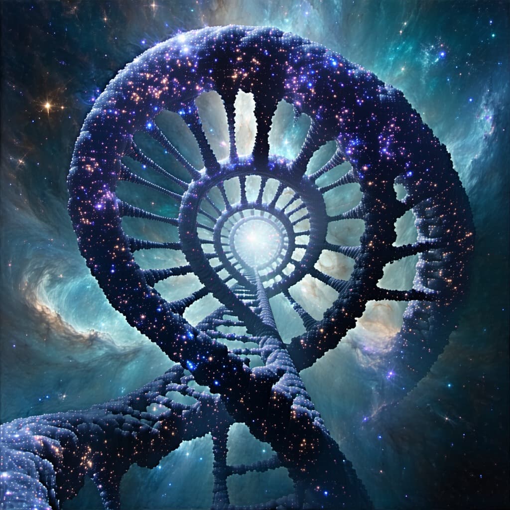 AI generated: A colossal double helix made of liquid galaxies spirals through space, each genetic code spelling ou...