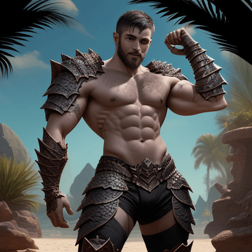AI generated: A dark short hair man, draconic armour, scruffy, scales, shirtless, bright oasis background, full bo...