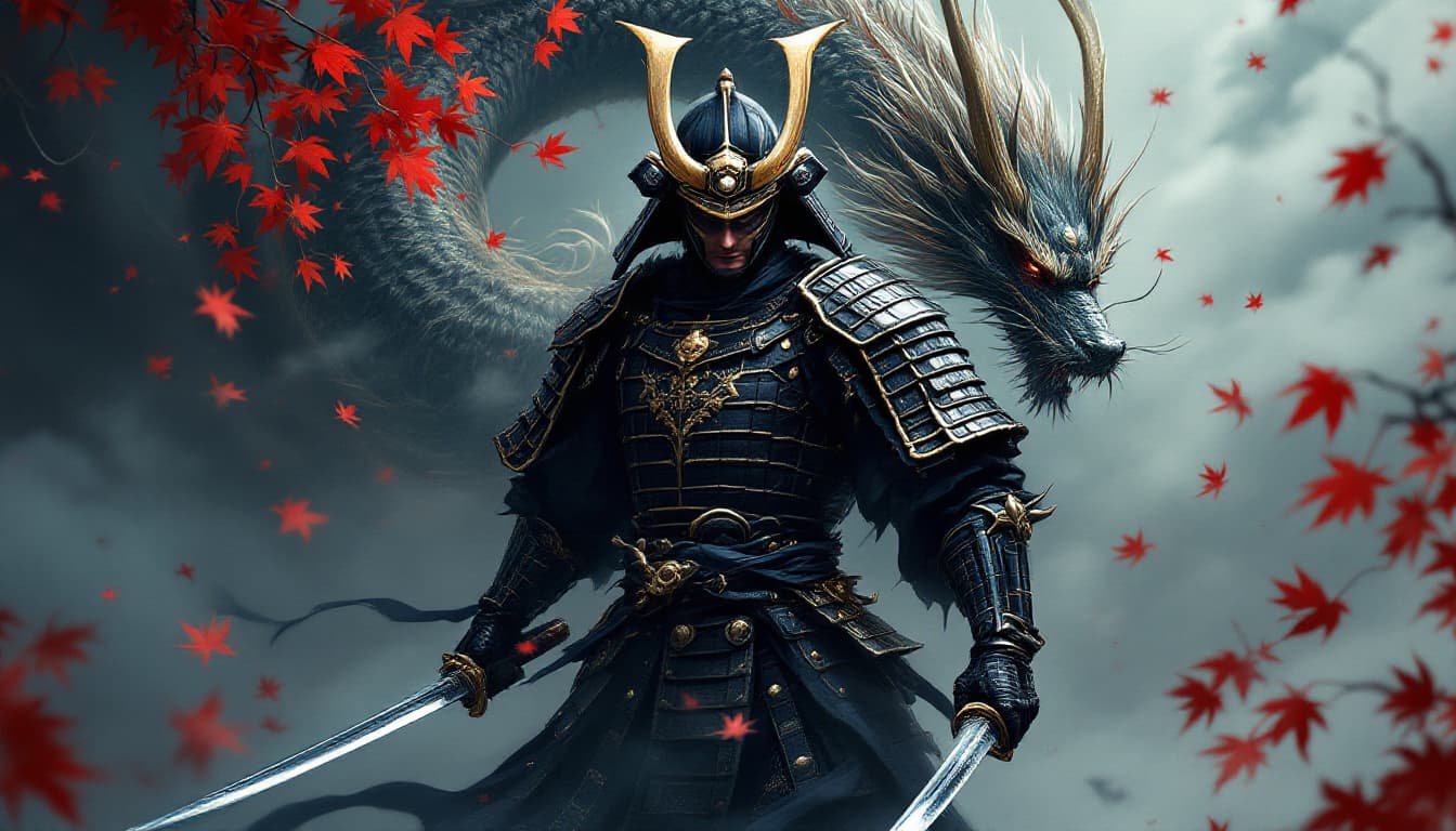 AI generated: A formidable samurai stands at the center of the composition, clad in ornate armor that blends shade...