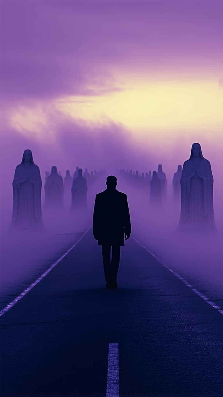AI generated: "A solitary man walks along an endless, misty road at twilight. Behind him, small ethereal statues o...