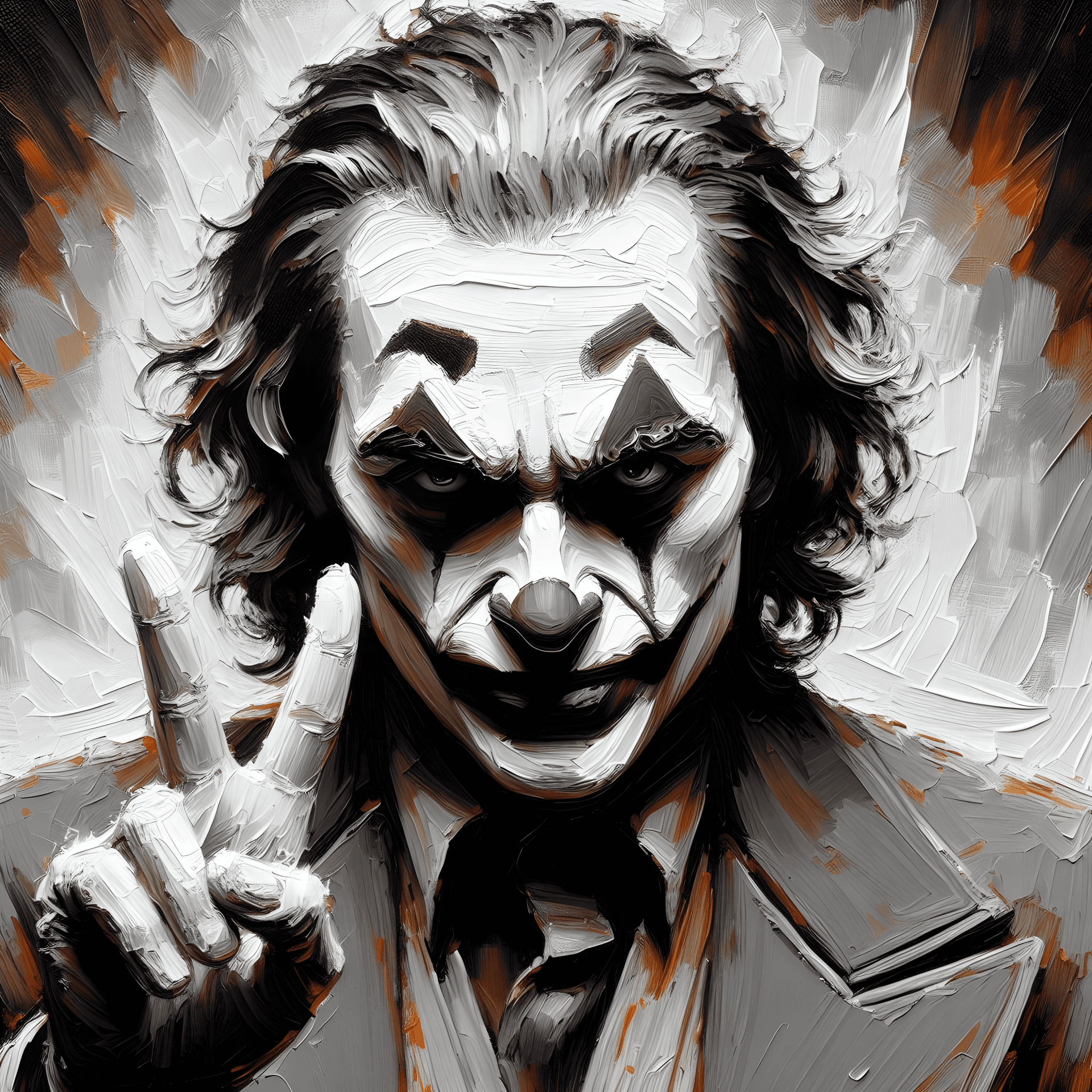 AI generated: The Joker, impasto technique, oil painting, contemporary era, primarily monochromatic with accents o...