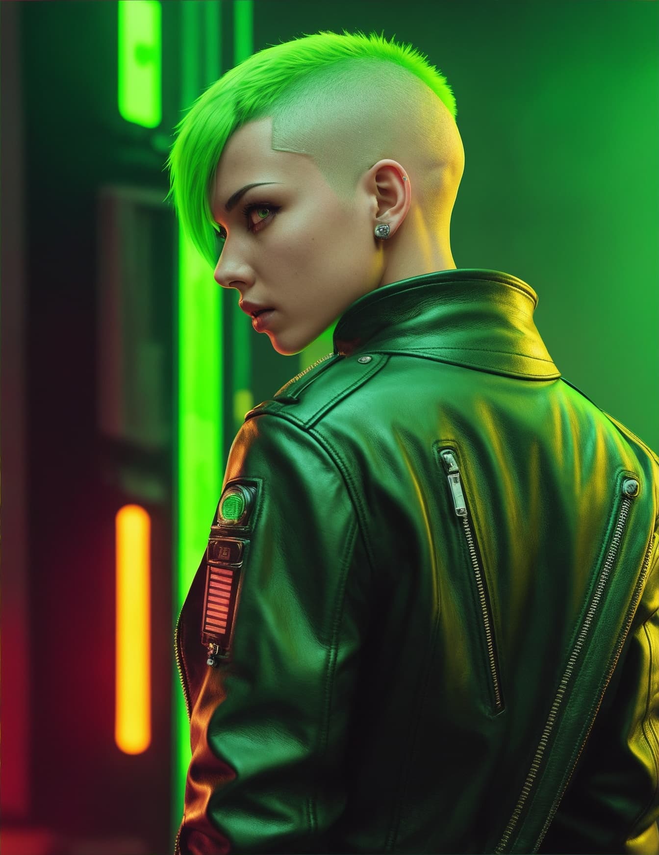 AI generated: cinematic+detailed+Buzzcut​ hair+skinhead women with lime green hair, cyberpunk, dystopia background...