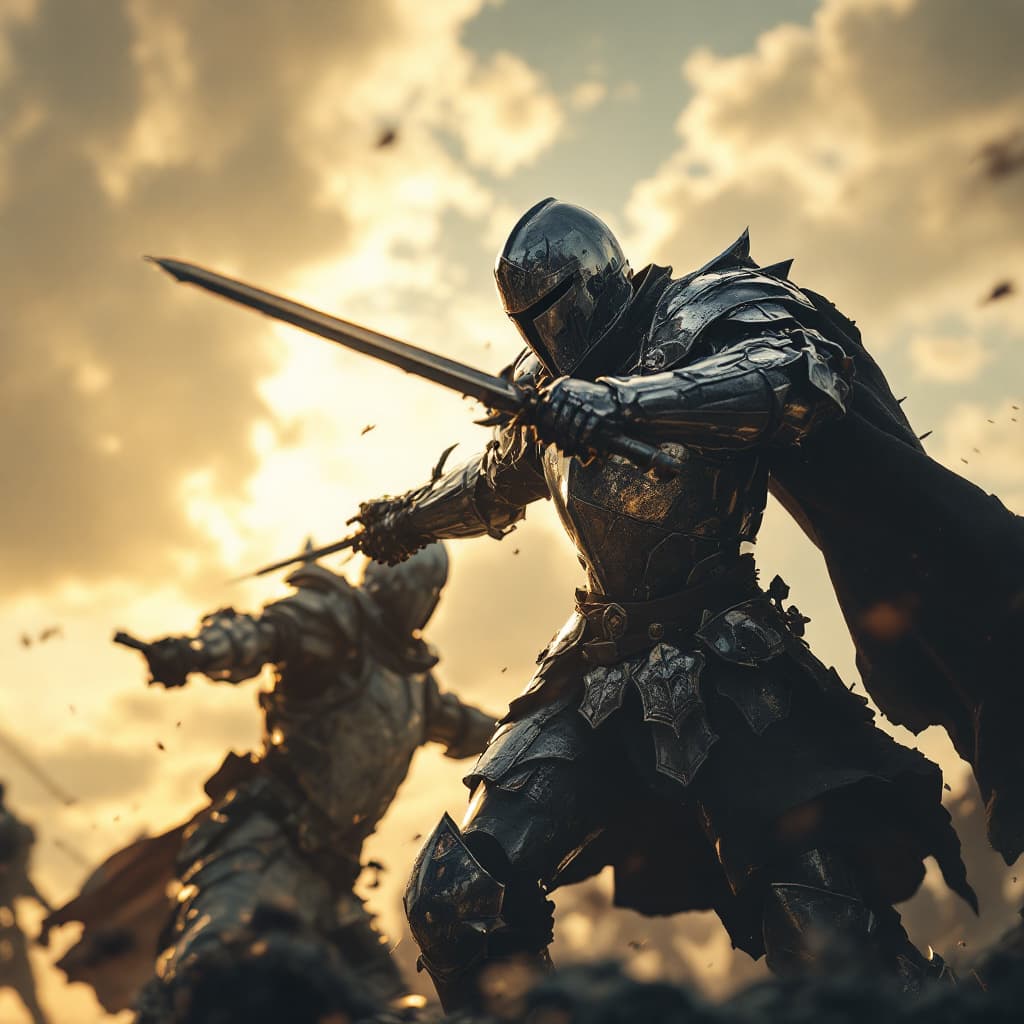 AI generated: Photo of a ultra realistic knight fight, dramatic light, pale sunrise, cinematic lighting, battered,...