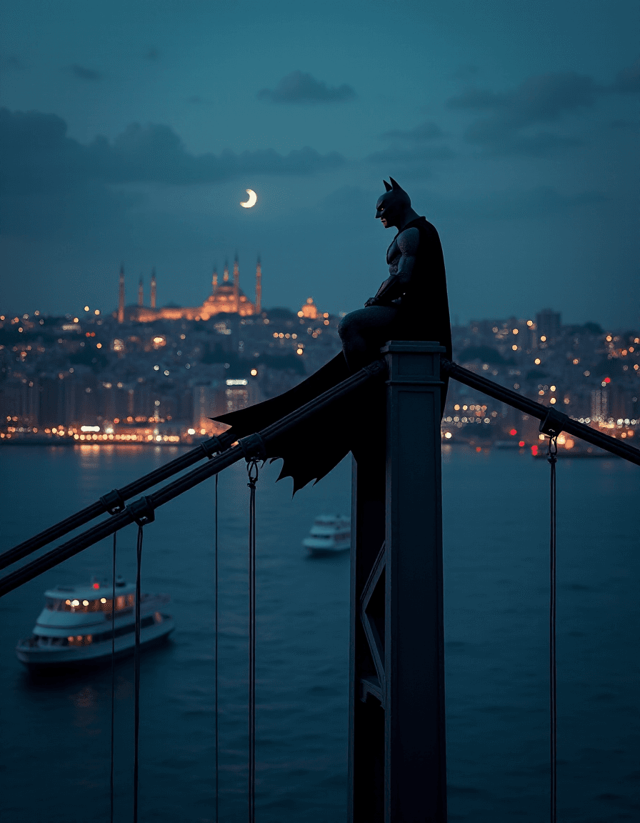 AI generated: HDR photo of long shot scenic professional photograph of hyperrealistic art Batman perched atop the ...