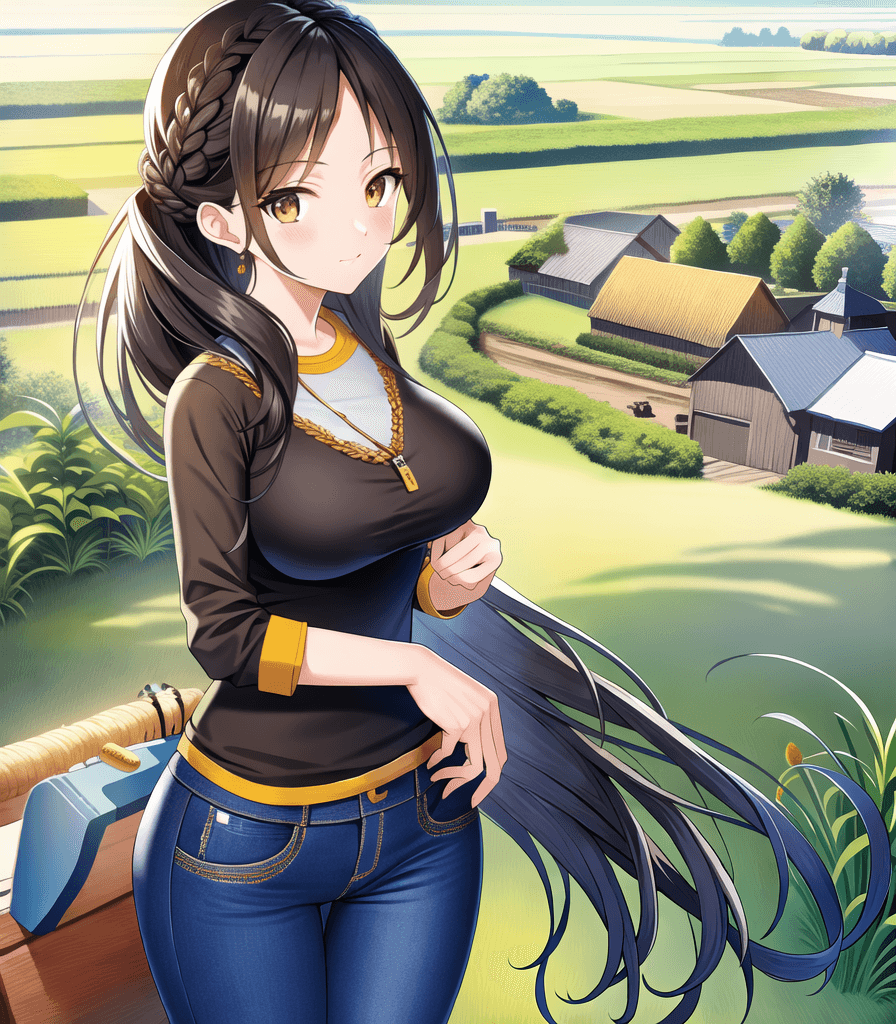 AI generated: (perfect anime illustration), 1girl, braided buns, long brown hair, huge breasts, hair over eye, den...