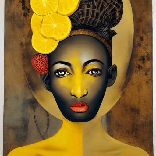 AI generated: a mural of woman on a yellow wall with fruit on her head, in the style of ingrid baars, 32k uhd, ben...