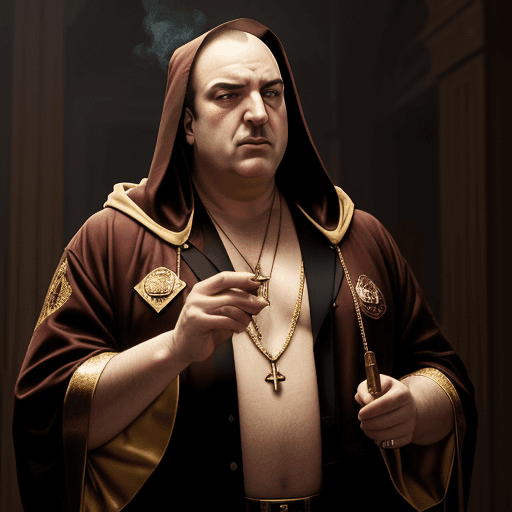 AI generated: Tony Soprano is dressed in a robe with a hood and holds a cigar in his hands near his face, exhaling...