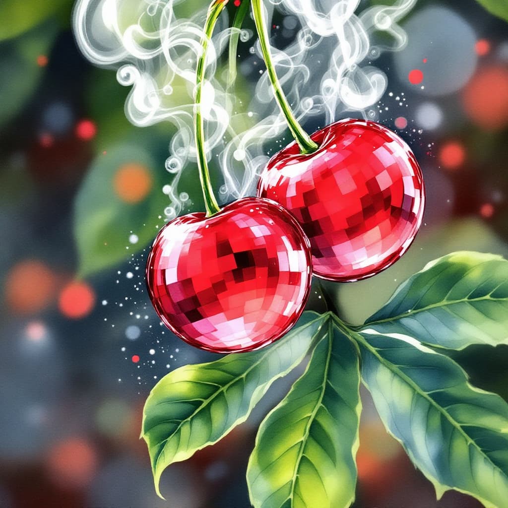 AI generated: glossy watercolor 2 red disco ball cherries on a connecting steam with green Leafs