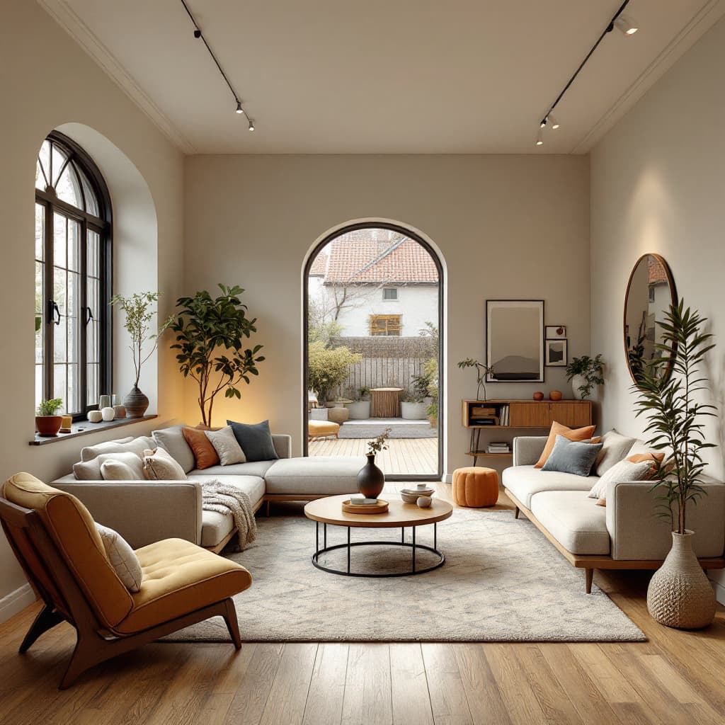 AI generated: High resolution photography interior design, dreamy sunken living room conversation pit, wooden floo...