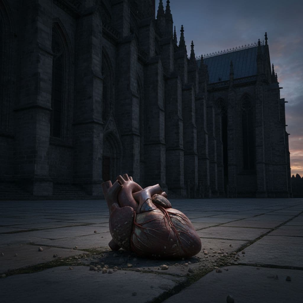 AI generated: realistic cinematic photo of a Gothic cathedral at dusk. 
On the stone pavement in front, a detaile...