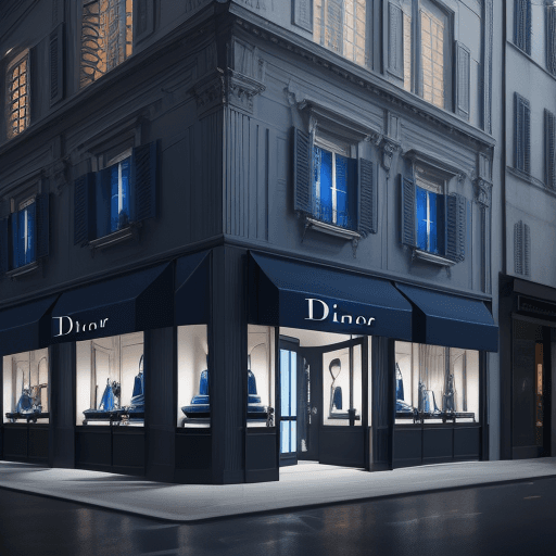 AI generated: Photography of a Dior boutique architecture exterior covered blue velvet, photo realism, 8k, --ar 4:...