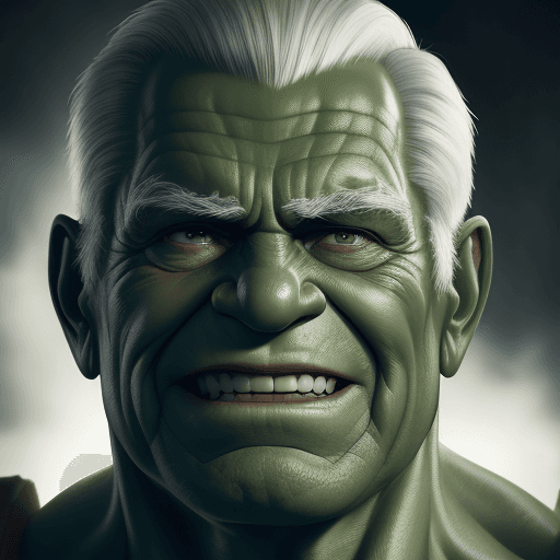 AI generated: photograph close up portrait 85-year-old hulk, clean shaven, kindly smiling at camera, stoic cinemat...