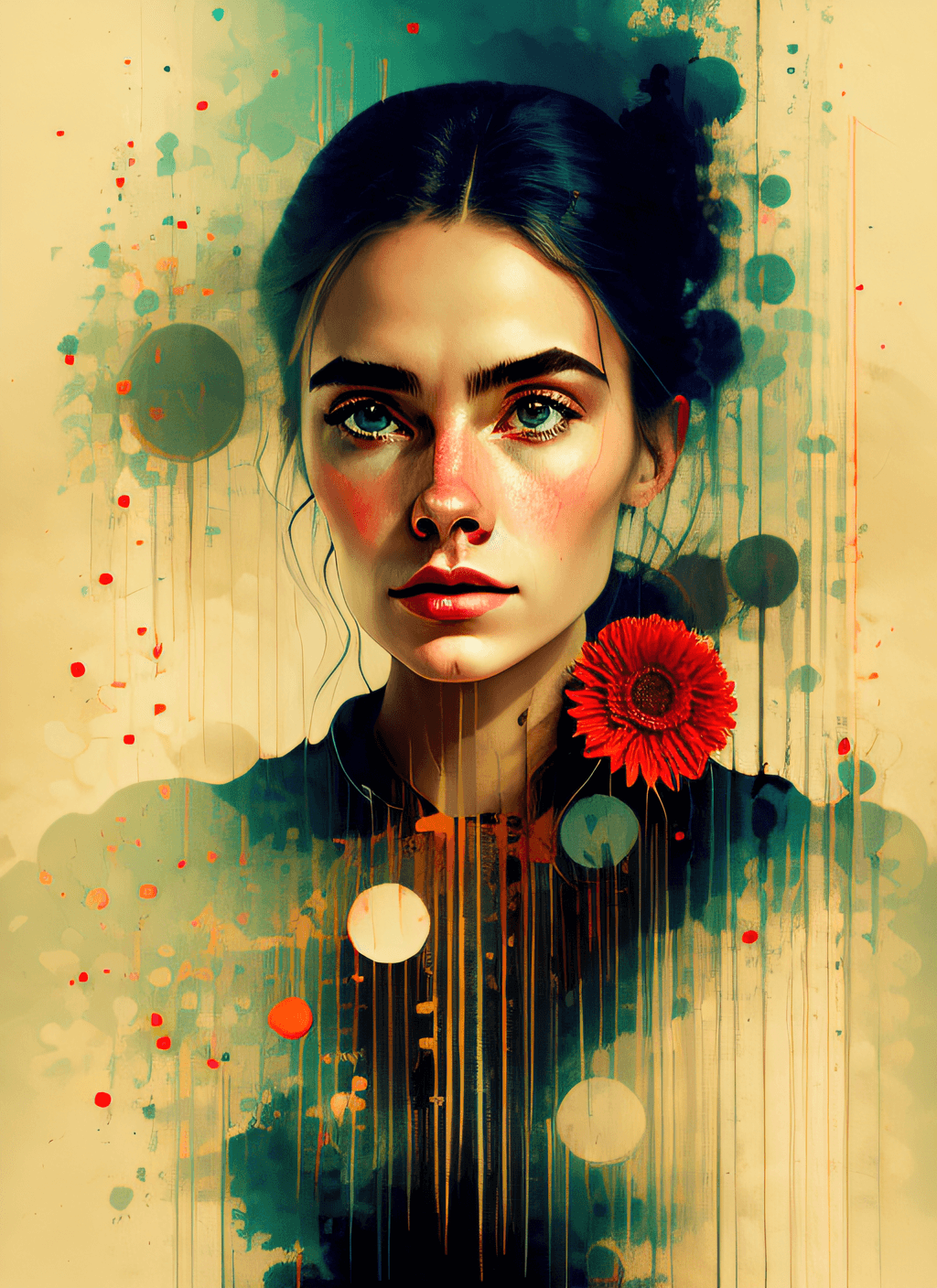 AI generated: Charlie Bowater realistic Lithography sketch portrait of a woman, flowers, [gears], pipes, dieselpun...