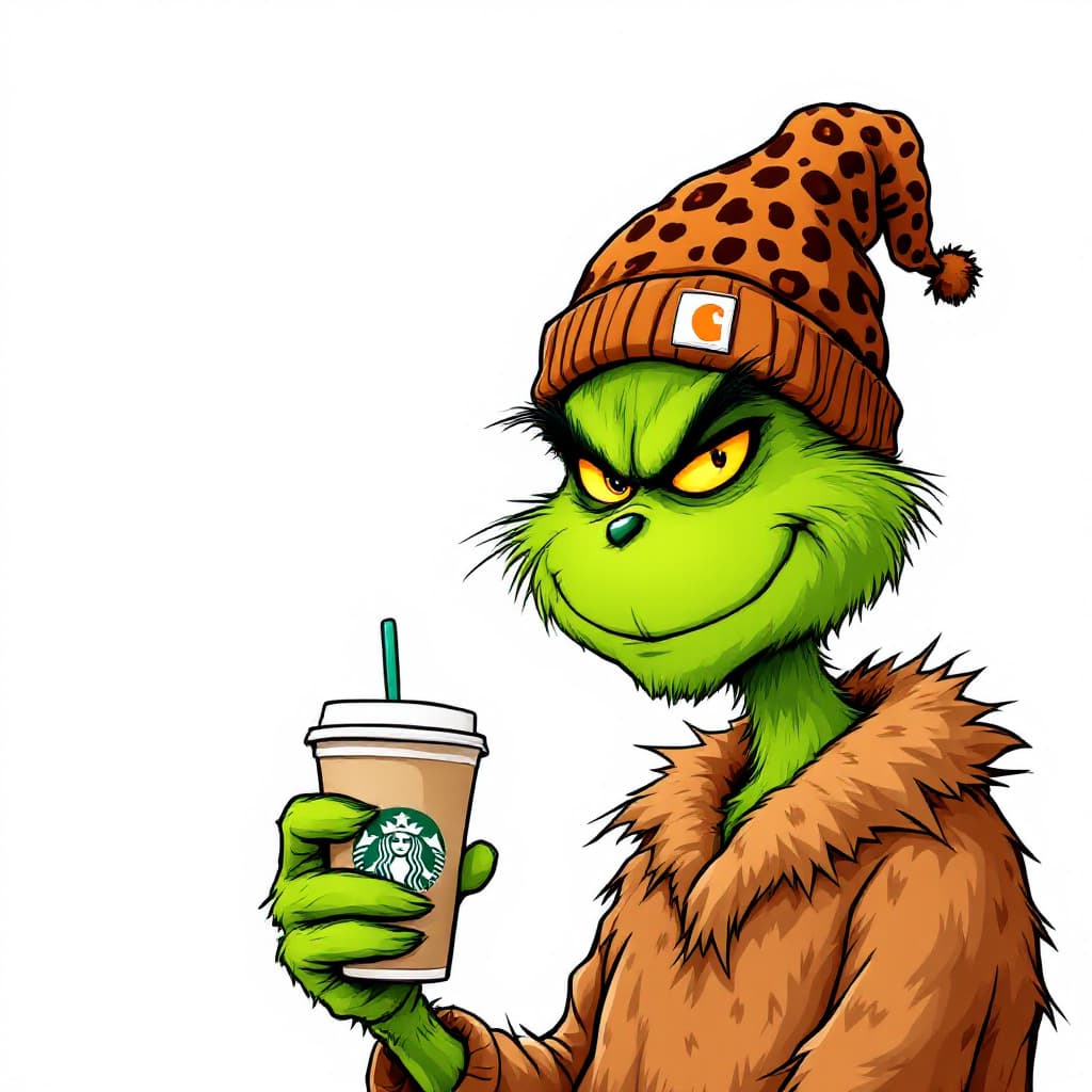 AI generated: 
The Grinch, depicted as a cartoon character, is holding a Starbucks coffee cup. He wears a brown, l...