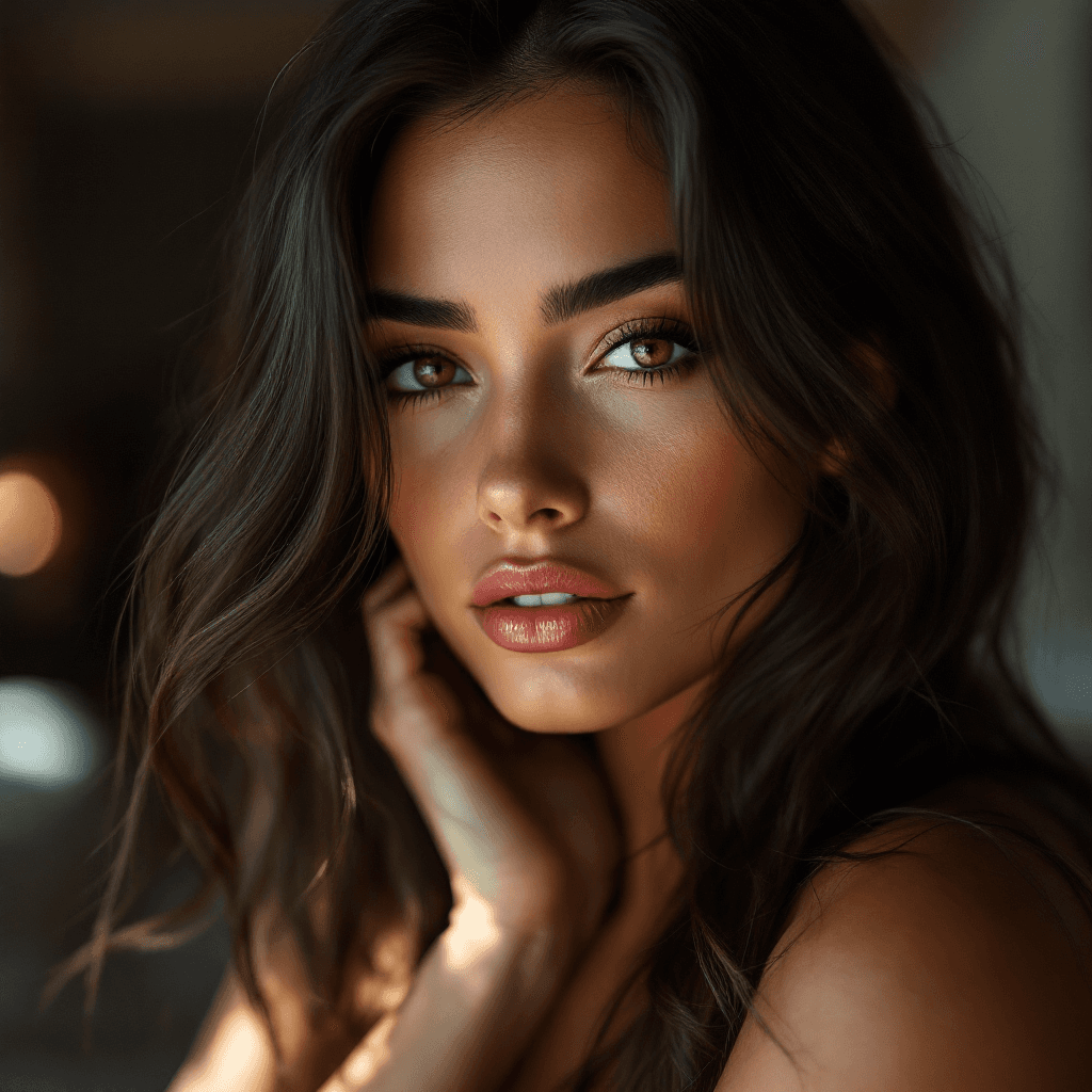 AI generated: A hyper-detailed portrait of a beautiful and sexy slender woman in her mid-20s with fair, bronzed sk...