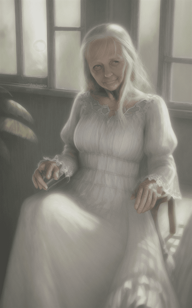 AI generated: : gorgeous HAPPY ELDERLY FEMALE  sitting by window READING A BOOK, wearing white DRESS, soft lips, b...