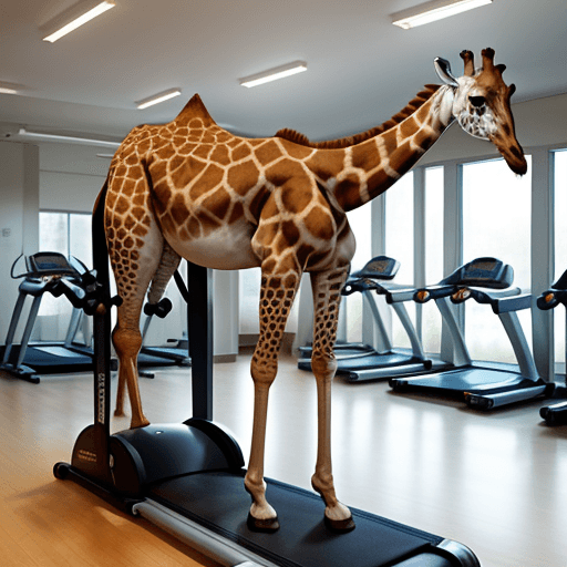 AI generated: 
UNE GIRAFFE EN HABIT DE GYM, FAIT DU TAPIS ROULANT A LA SALLE