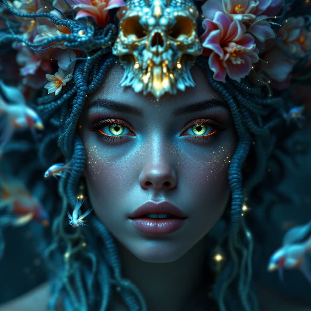 AI generated: Goddess close-up portrait ribcagel. jellyfish phoenix head, nautilus, orchid, skull, betta fish, bio...