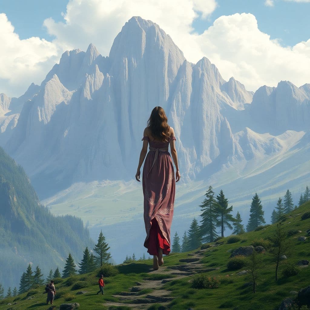 AI generated:  A giant towering woman walking through a very beautiful Landscape, little people 