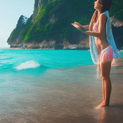 AI generated: Photograph of a beautiful globetrotter girl arriving at a paradise beach, her mood is content for fi...