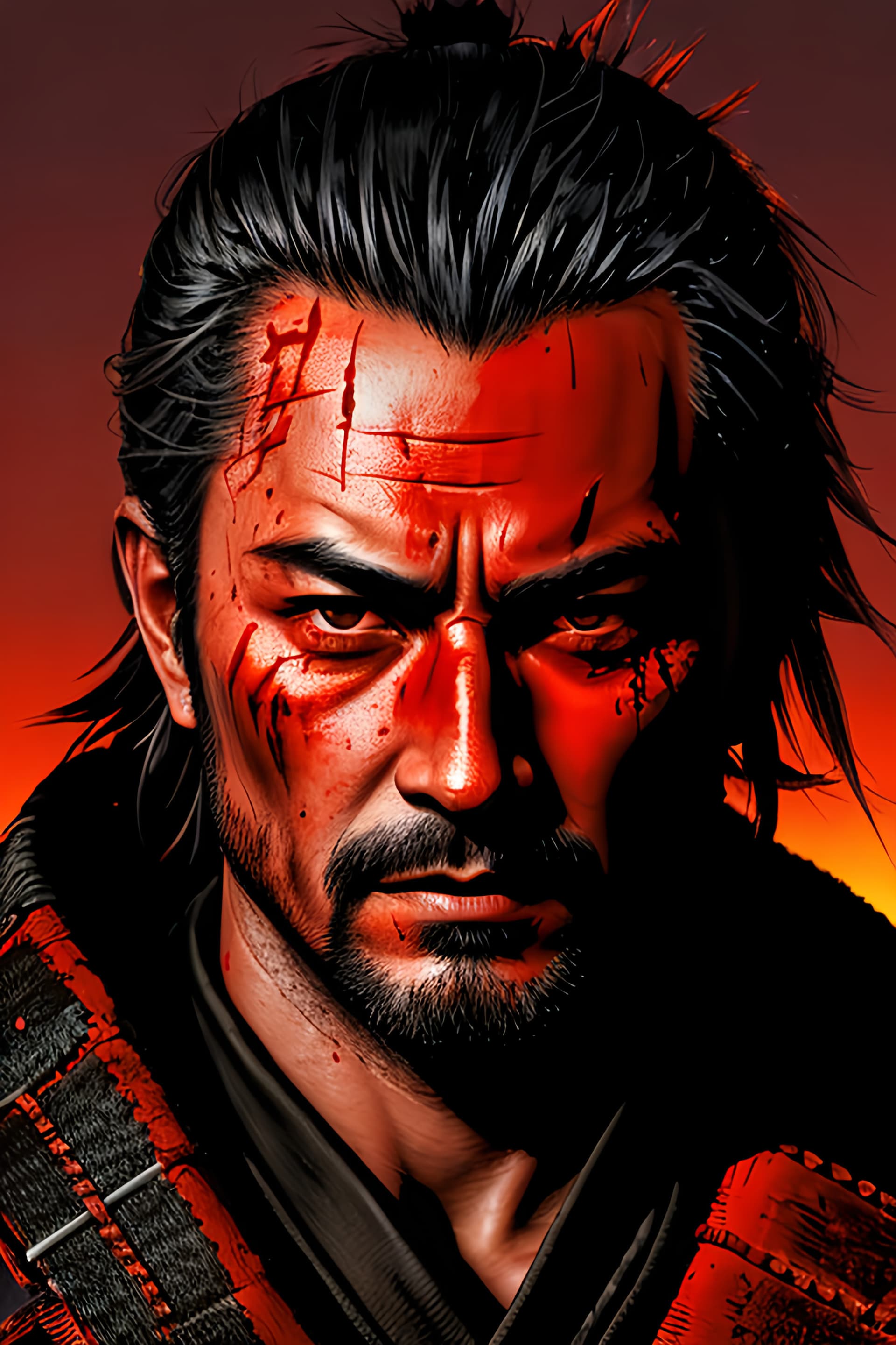 AI generated: A portrait of a samurai, Miyamoto Musashi, short messy hair, visible battle scars, blood splatter, e...