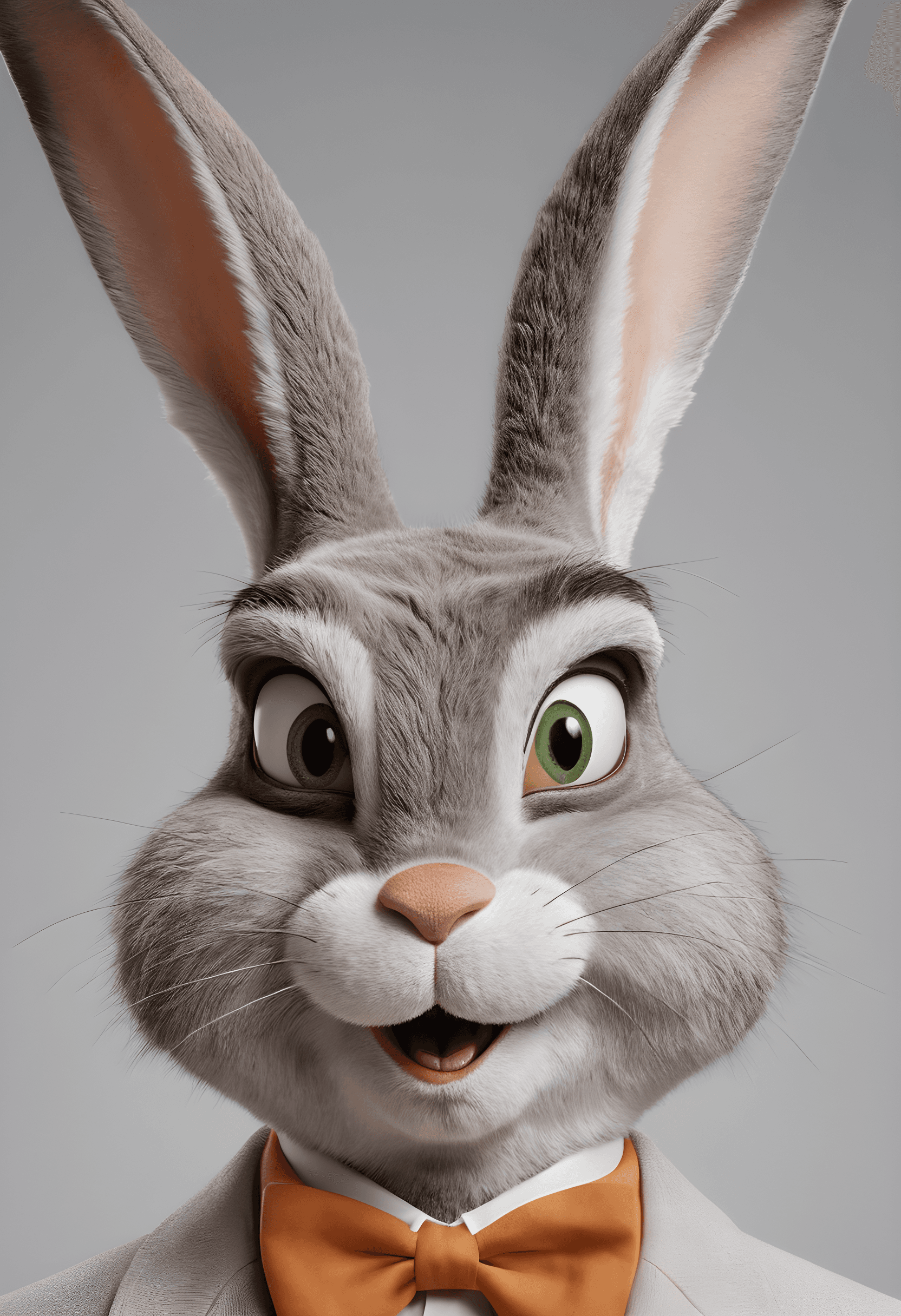 AI generated: A startlingly lifelike, hyper-realistic portrait of the iconic Bugs Bunny, captured in a frontal vie...