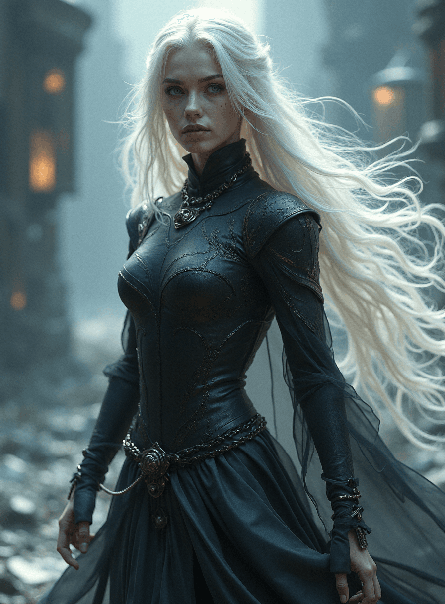 AI generated: The girl is a light shadow magician, magical whirlwinds of light and shadow. There is a futuristic l...