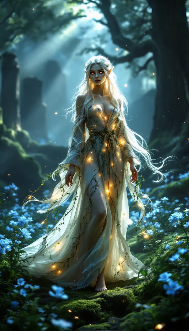 AI generated: "Ultra-realistic full-body portrait of an angelic forest elf queen standing in an enchanted twilight...