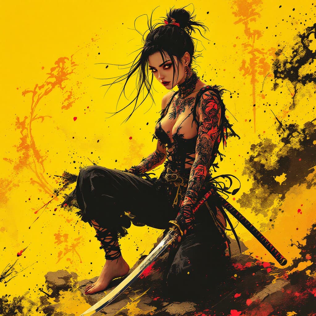 AI generated: Full body view of a  photography of a gothic punk rebel Japanese [woman] with neon red and black tat...