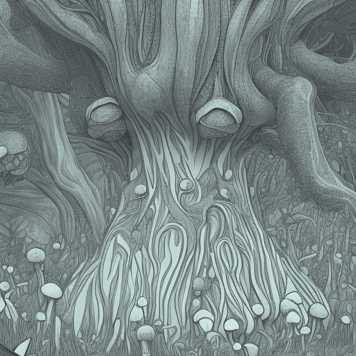 AI generated: giant human like Magic Mushroom, psychedelic background, fine line details, glow in the dark, foliag...