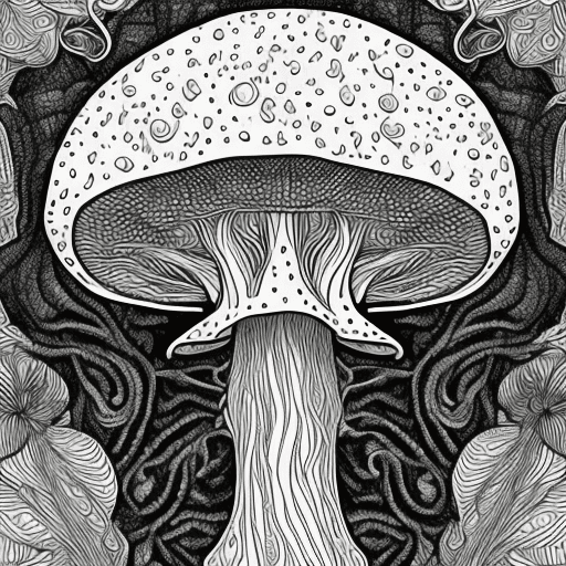 AI generated: coloring book image of a female magic mushroom creature, 8k, intricate detail, black and white digit...