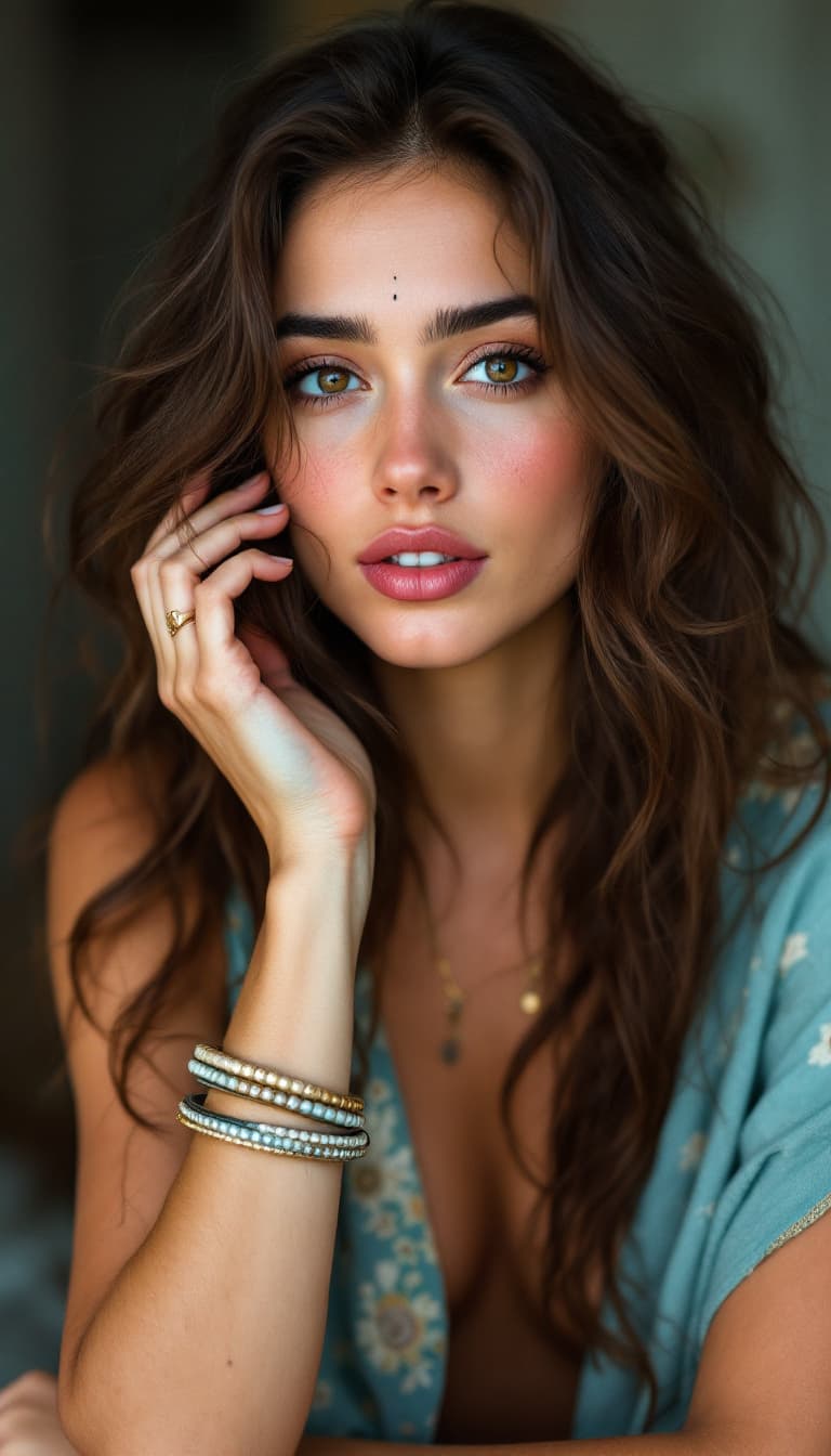 AI generated: Jennifer Connelly ,18-21 years old, brown hair, Indian hair style,trying to shy, inhaled chest,wide ...