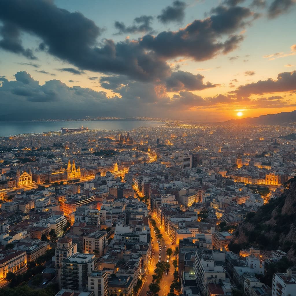 AI generated: Photo realistic de Málaga Capital en una imagen tipo planeta, desde un dron, imitando una obra en ól...