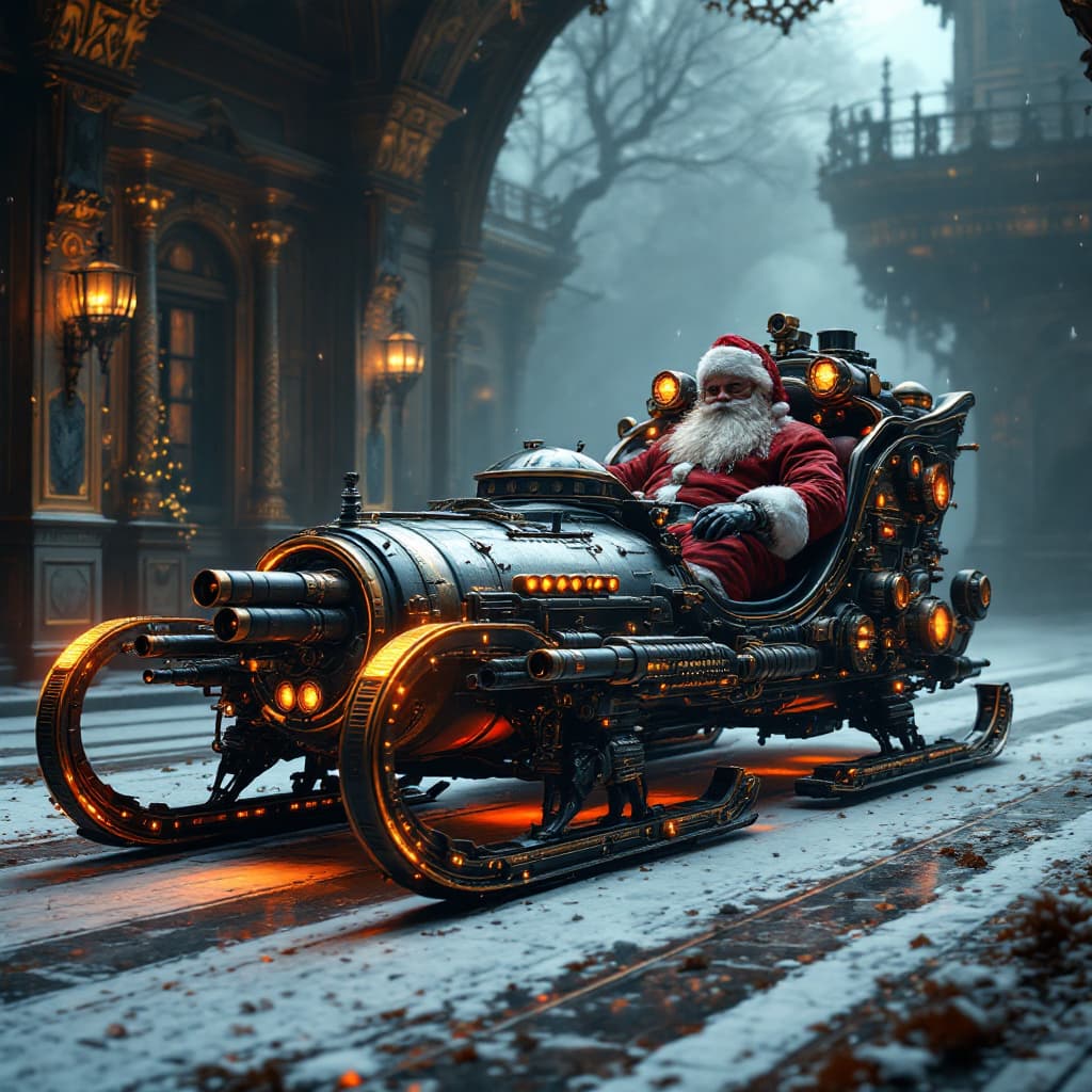 AI generated: General outline of a rocket powdered Santa’s sled with missles and machine guns on the sides and und...