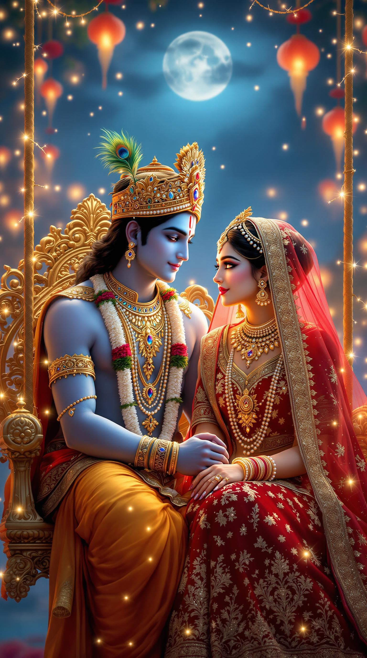 AI generated: *"A highly detailed ultra-HD 8K vertical digital painting of Lord Krishna and Radha Rani sitting tog...