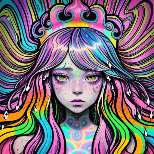 AI generated: a drawing of a girl with long hair and a crown on her head, dripping in neon paint, psychedelic aest...